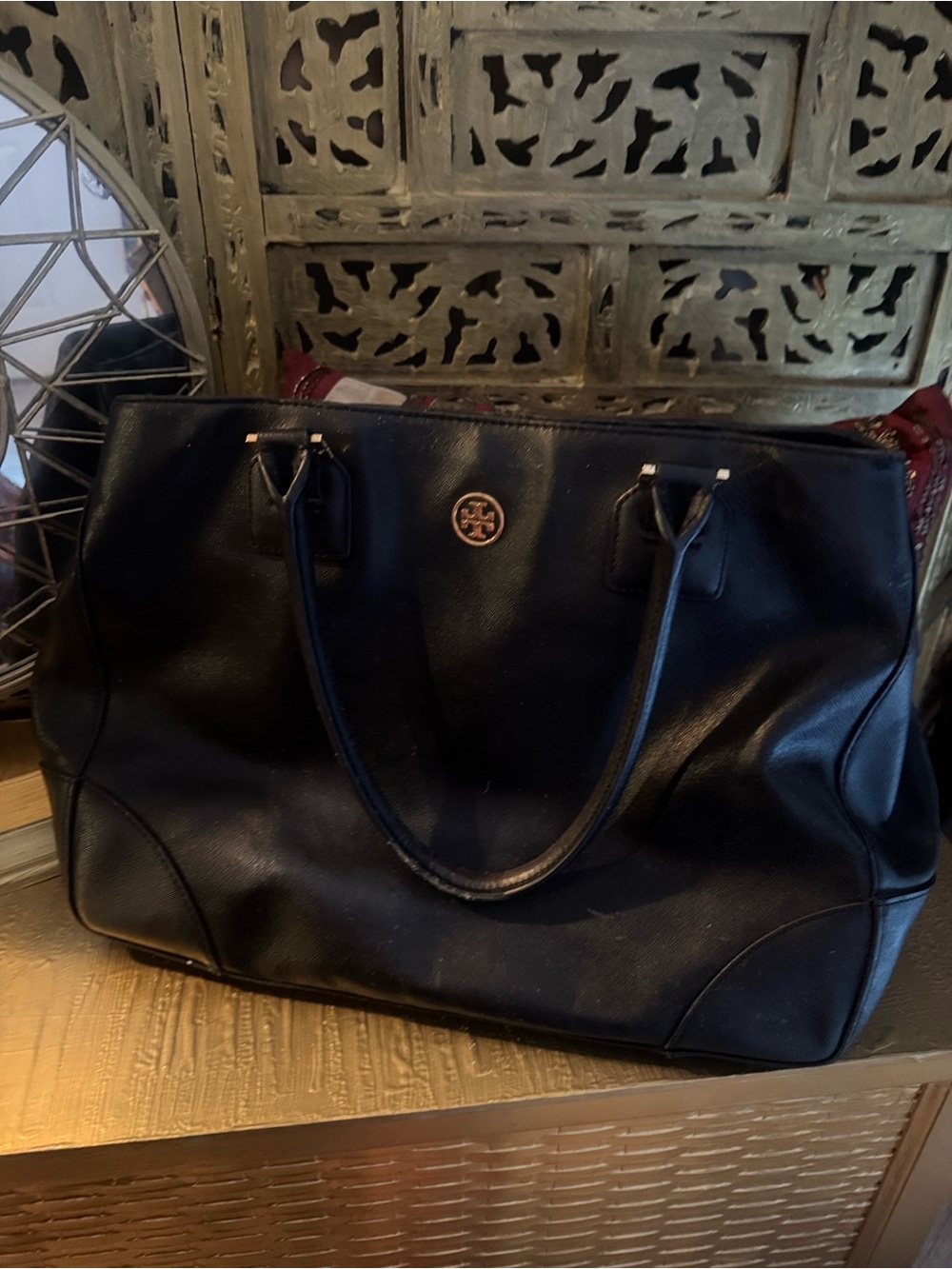 Tory Burch Black Leather Tote with Gold Logo